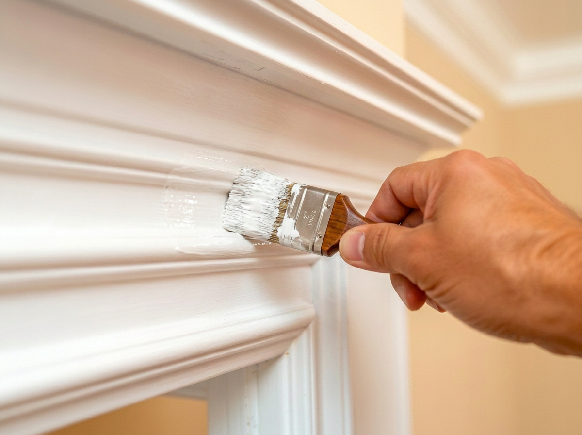 Hand holding a paintbrush applying white paint to detailed crown molding