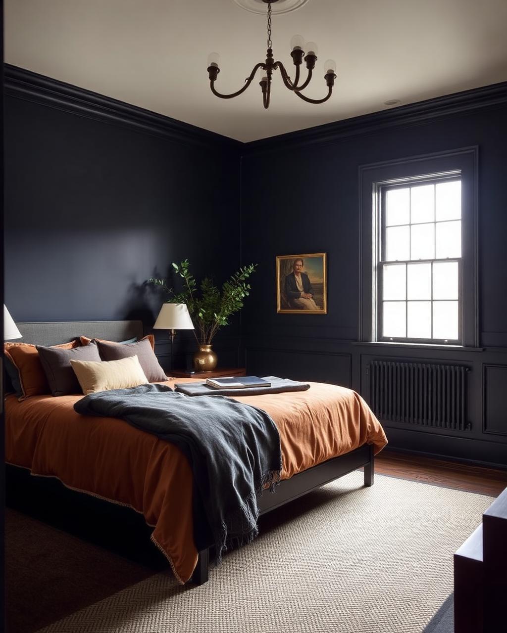 Moody navy bedroom with painted trim detail