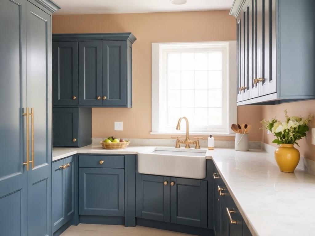 Slate blue kitchen cabinets with brass hardware