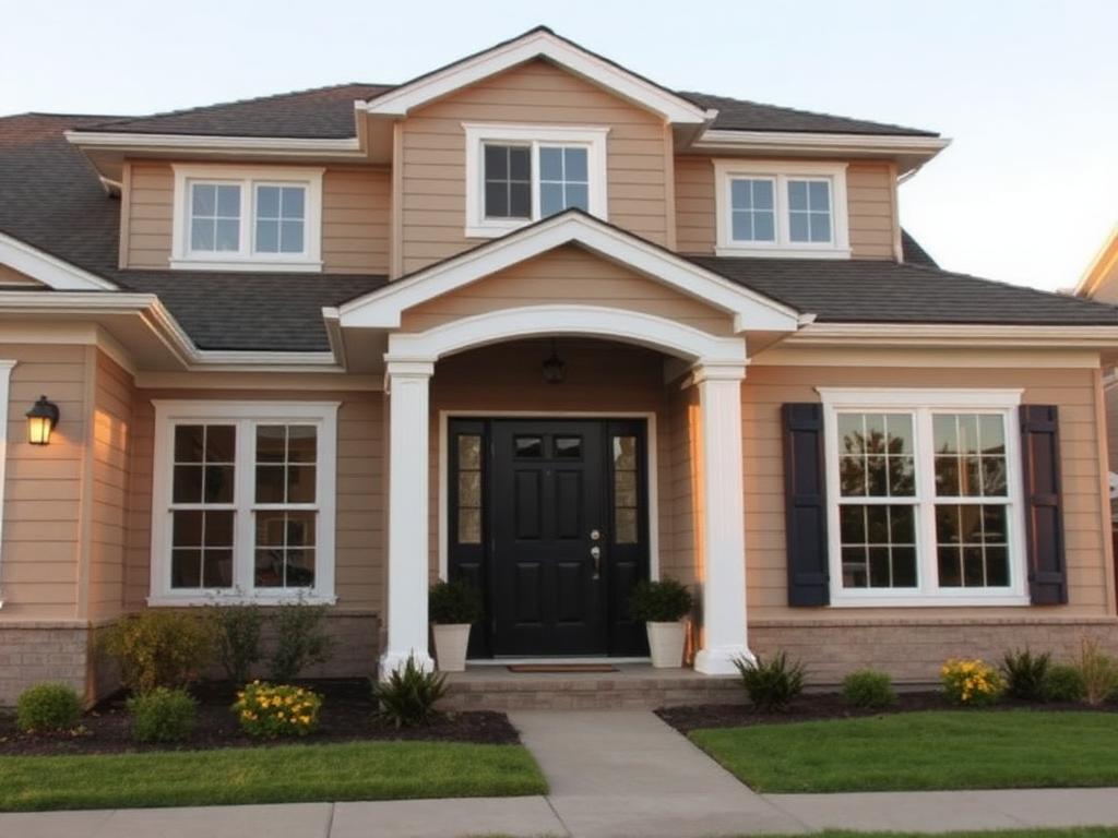 Home exterior repainted greige with white trim and navy door