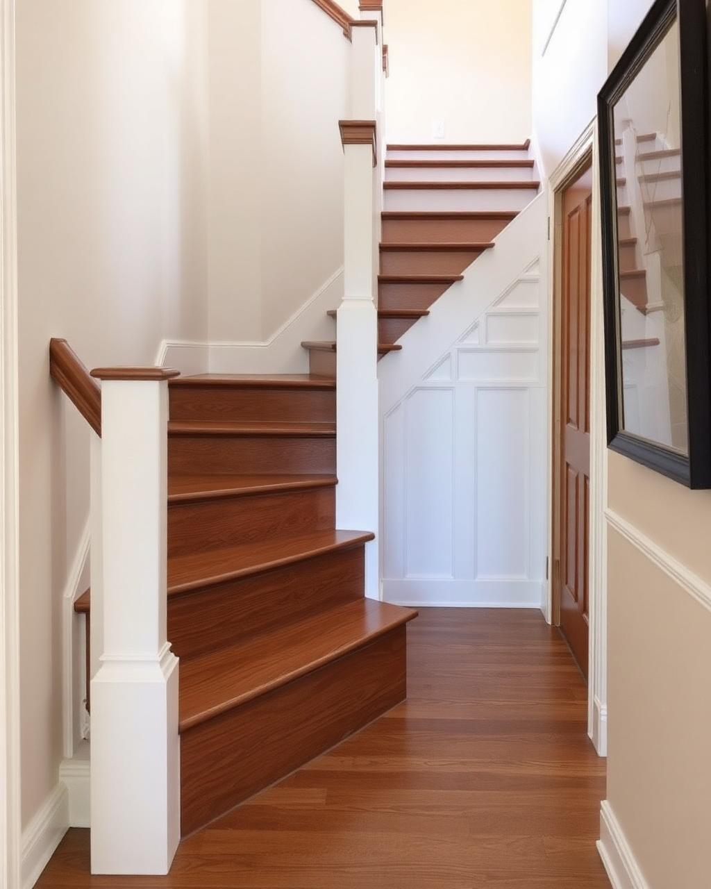 Refinished staircase with stained treads and white risers