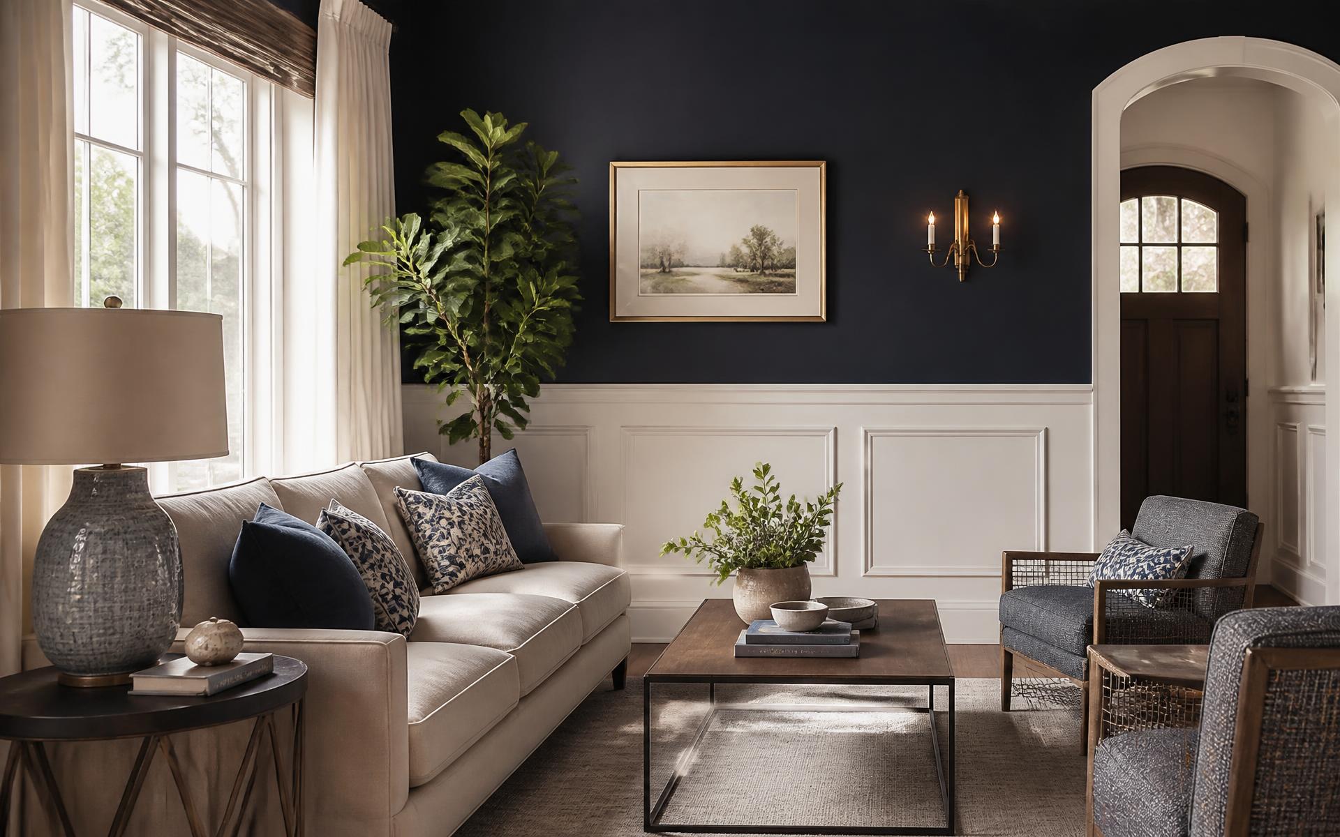 Living room with a deep navy accent wall and custom white wainscoting painted by DGN Painting